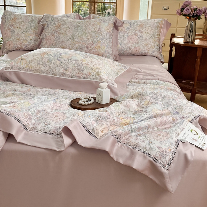 91家纺网 家纺一手货源 找家纺 娇逸家居 2026新款60s天丝数码印花夏被夏凉被空调被四件套 妙颜-粉