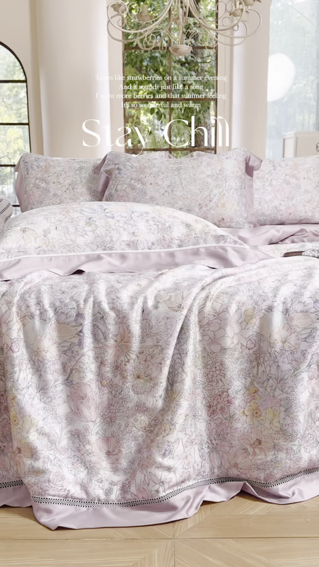 91家纺网 家纺一手货源 找家纺 娇逸家居 2026新款60s天丝数码印花夏被夏凉被空调被四件套 妙颜-粉