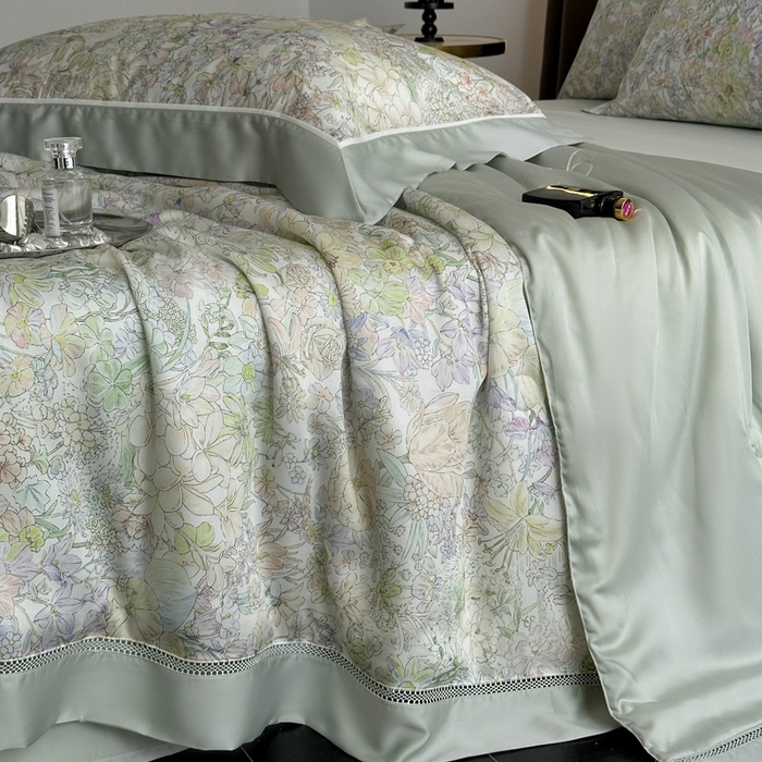 91家纺网 家纺一手货源 找家纺 娇逸家居 2026新款60s天丝数码印花夏被夏凉被空调被四件套 妙颜-绿