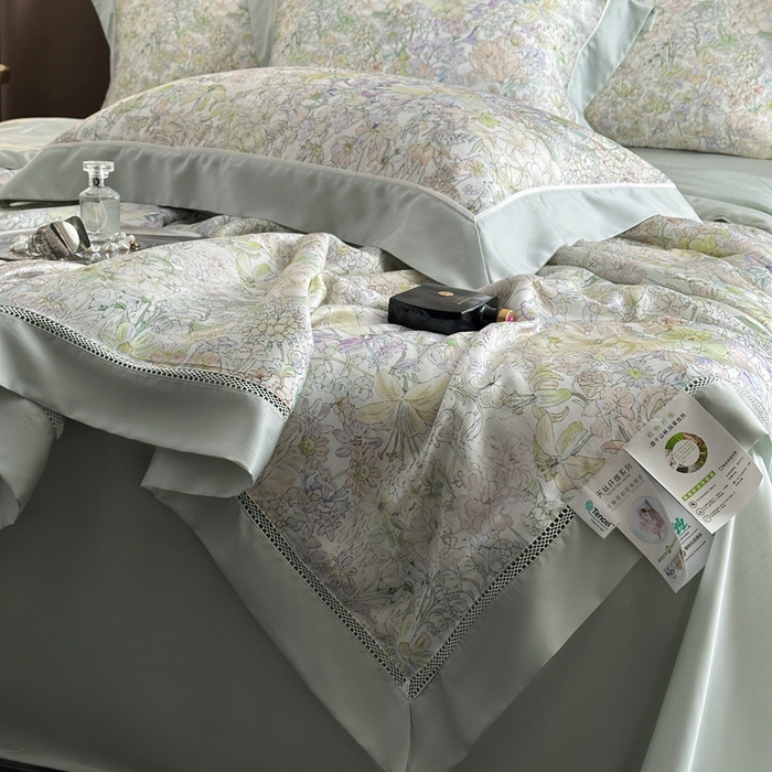 91家纺网 家纺一手货源 找家纺 娇逸家居 2026新款60s天丝数码印花夏被夏凉被空调被四件套 妙颜-绿