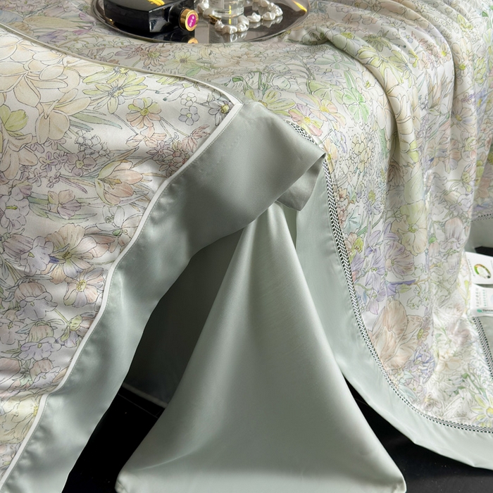 91家纺网 家纺一手货源 找家纺 娇逸家居 2026新款60s天丝数码印花夏被夏凉被空调被四件套 妙颜-绿