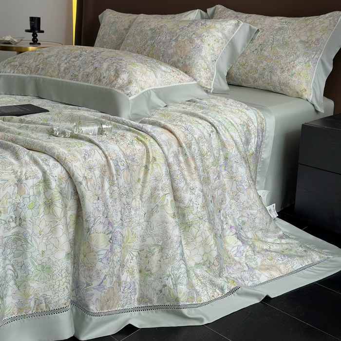 91家纺网 家纺一手货源 找家纺 娇逸家居 2026新款60s天丝数码印花夏被夏凉被空调被四件套 妙颜-绿