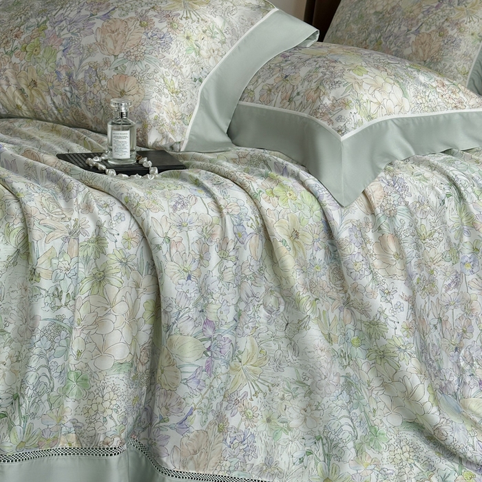91家纺网 家纺一手货源 找家纺 娇逸家居 2026新款60s天丝数码印花夏被夏凉被空调被四件套 妙颜-绿