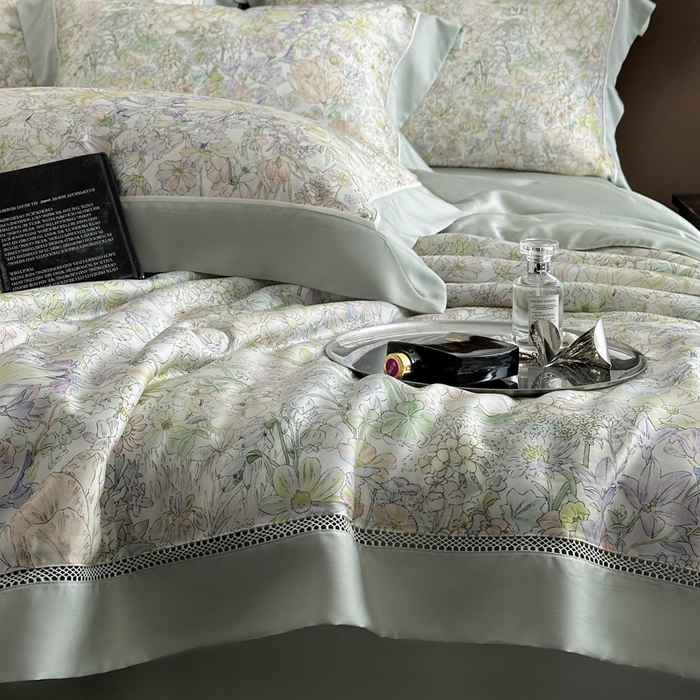 91家纺网 家纺一手货源 找家纺 娇逸家居 2026新款60s天丝数码印花夏被夏凉被空调被四件套 妙颜-绿