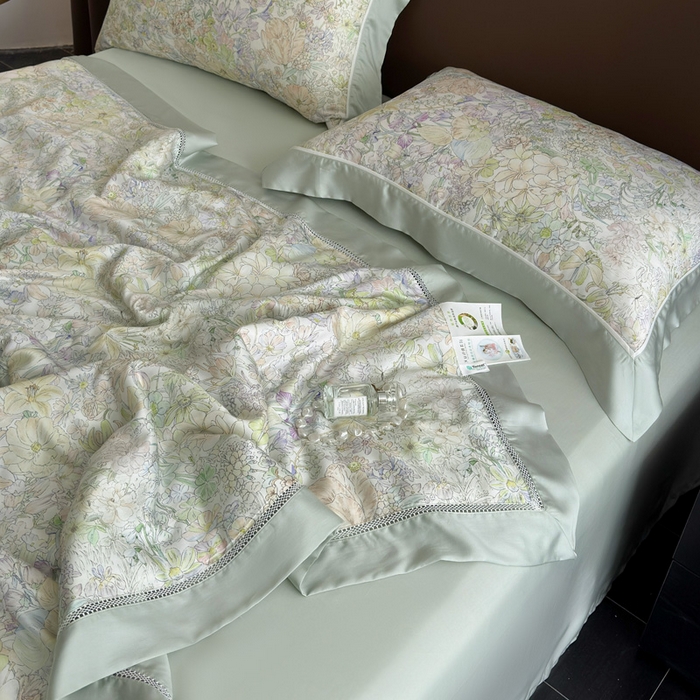 91家纺网 家纺一手货源 找家纺 娇逸家居 2026新款60s天丝数码印花夏被夏凉被空调被四件套 妙颜-绿