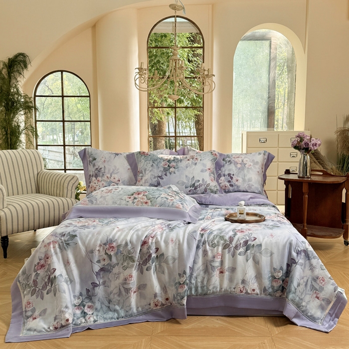 91家纺网 家纺一手货源 找家纺 娇逸家居 2026新款60s天丝数码印花夏被夏凉被空调被四件套 莫奈花园-紫