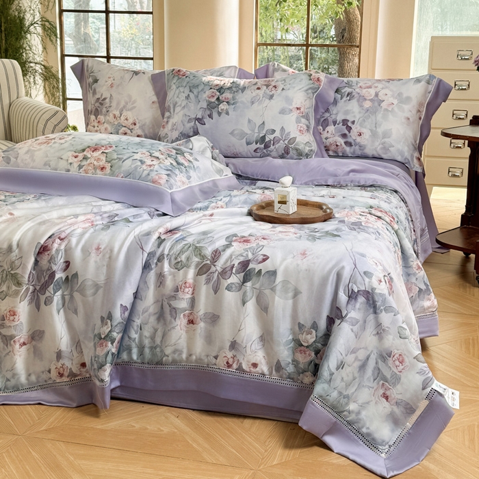91家纺网 家纺一手货源 找家纺 娇逸家居 2026新款60s天丝数码印花夏被夏凉被空调被四件套 莫奈花园-紫