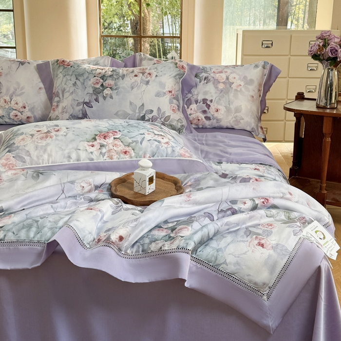 91家纺网 家纺一手货源 找家纺 娇逸家居 2026新款60s天丝数码印花夏被夏凉被空调被四件套 莫奈花园-紫