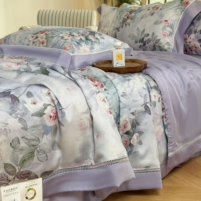 91家纺网 家纺一手货源 找家纺 娇逸家居 2026新款60s天丝数码印花夏被夏凉被空调被四件套 莫奈花园-紫