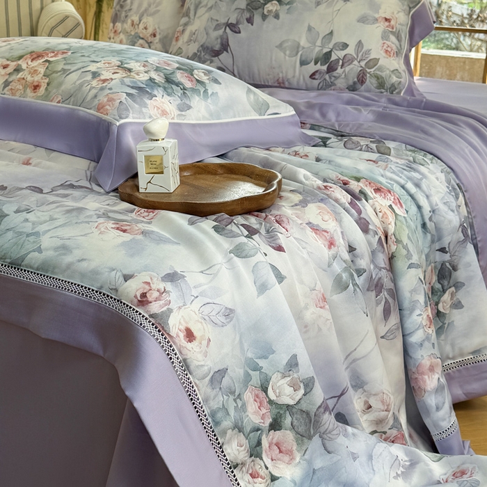 91家纺网 家纺一手货源 找家纺 娇逸家居 2026新款60s天丝数码印花夏被夏凉被空调被四件套 莫奈花园-紫