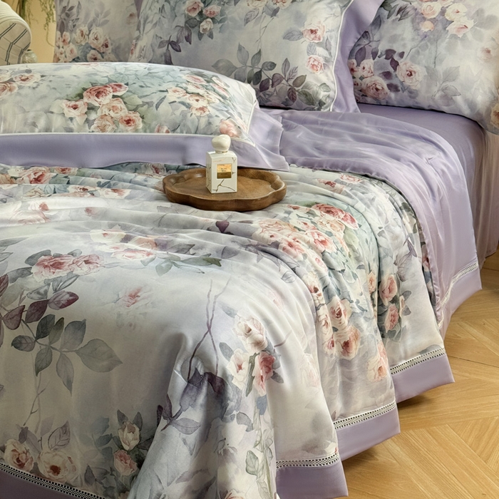 91家纺网 家纺一手货源 找家纺 娇逸家居 2026新款60s天丝数码印花夏被夏凉被空调被四件套 莫奈花园-紫