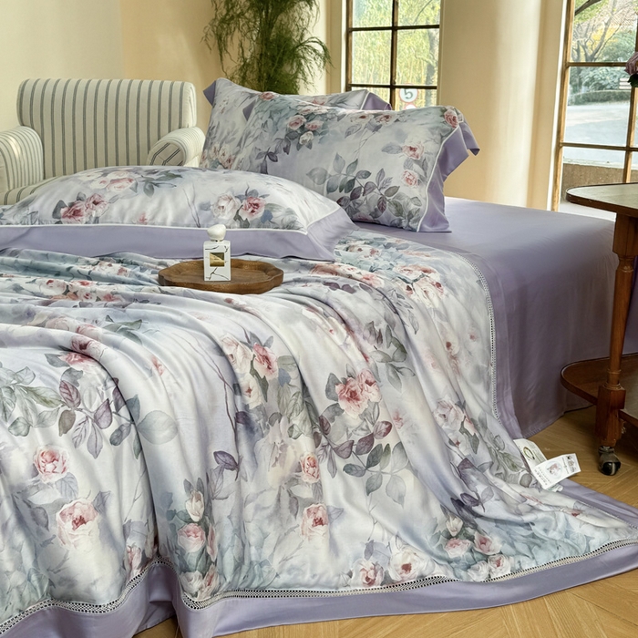 91家纺网 家纺一手货源 找家纺 娇逸家居 2026新款60s天丝数码印花夏被夏凉被空调被四件套 莫奈花园-紫