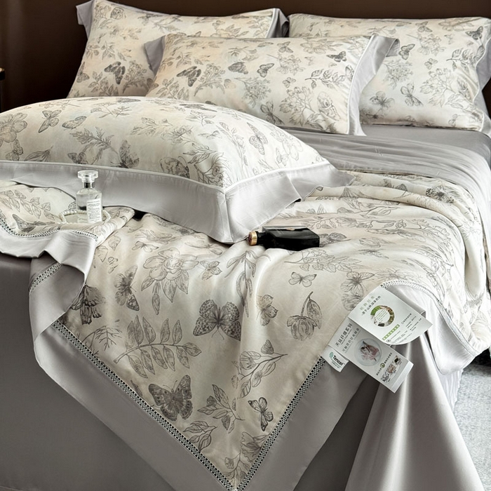 91家纺网 家纺一手货源 找家纺 娇逸家居 2026新款60s天丝数码印花夏被夏凉被空调被四件套 琦蝶