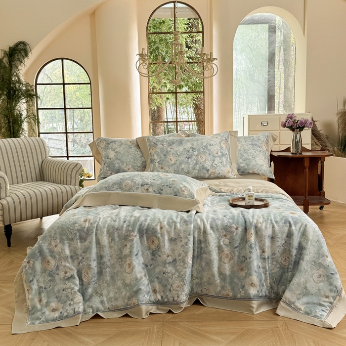 91家纺网 家纺一手货源 找家纺 娇逸家居 2026新款60s天丝数码印花夏被夏凉被空调被四件套 素瑾