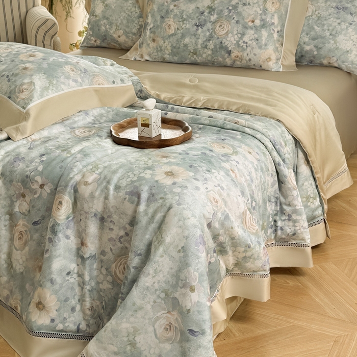 91家纺网 家纺一手货源 找家纺 娇逸家居 2026新款60s天丝数码印花夏被夏凉被空调被四件套 素瑾