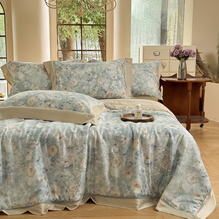 91家纺网 家纺一手货源 找家纺 娇逸家居 2026新款60s天丝数码印花夏被夏凉被空调被四件套 素瑾