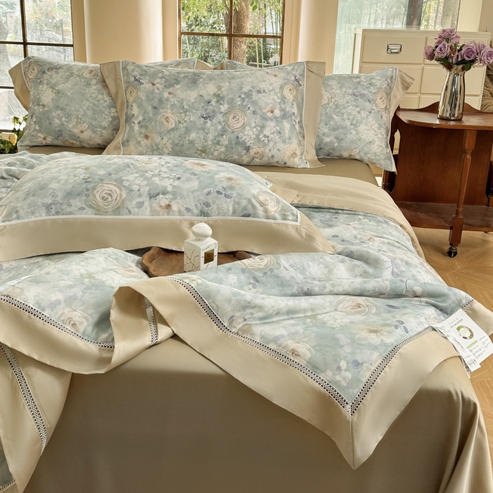 91家纺网 家纺一手货源 找家纺 娇逸家居 2026新款60s天丝数码印花夏被夏凉被空调被四件套 素瑾