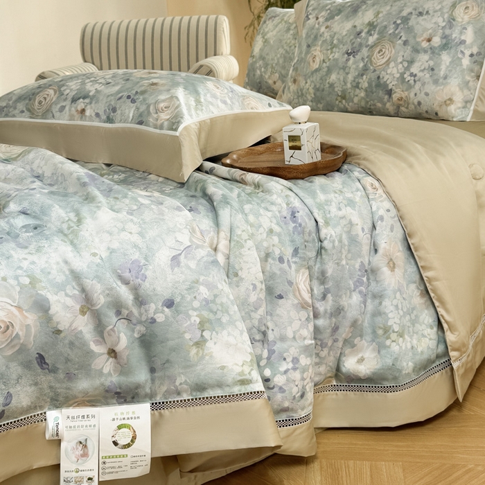 91家纺网 家纺一手货源 找家纺 娇逸家居 2026新款60s天丝数码印花夏被夏凉被空调被四件套 素瑾
