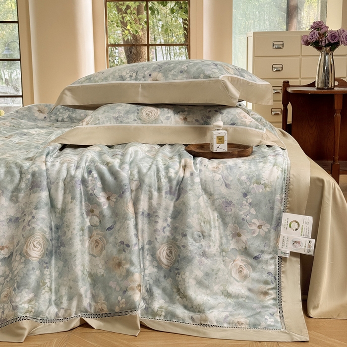 91家纺网 家纺一手货源 找家纺 娇逸家居 2026新款60s天丝数码印花夏被夏凉被空调被四件套 素瑾