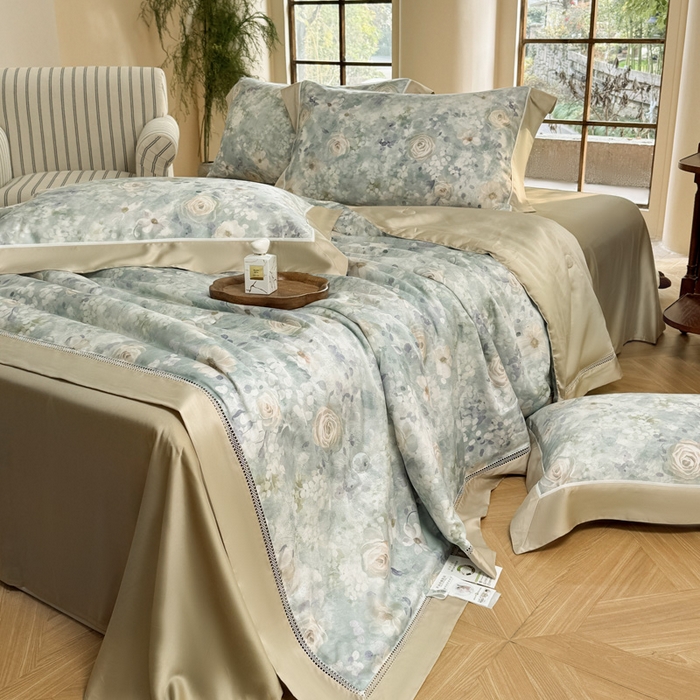 91家纺网 家纺一手货源 找家纺 娇逸家居 2026新款60s天丝数码印花夏被夏凉被空调被四件套 素瑾