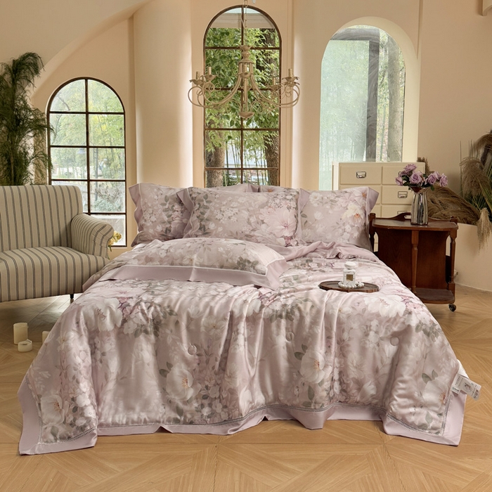 91家纺网 家纺一手货源 找家纺 娇逸家居 2026新款60s天丝数码印花夏被夏凉被空调被四件套 悦澜