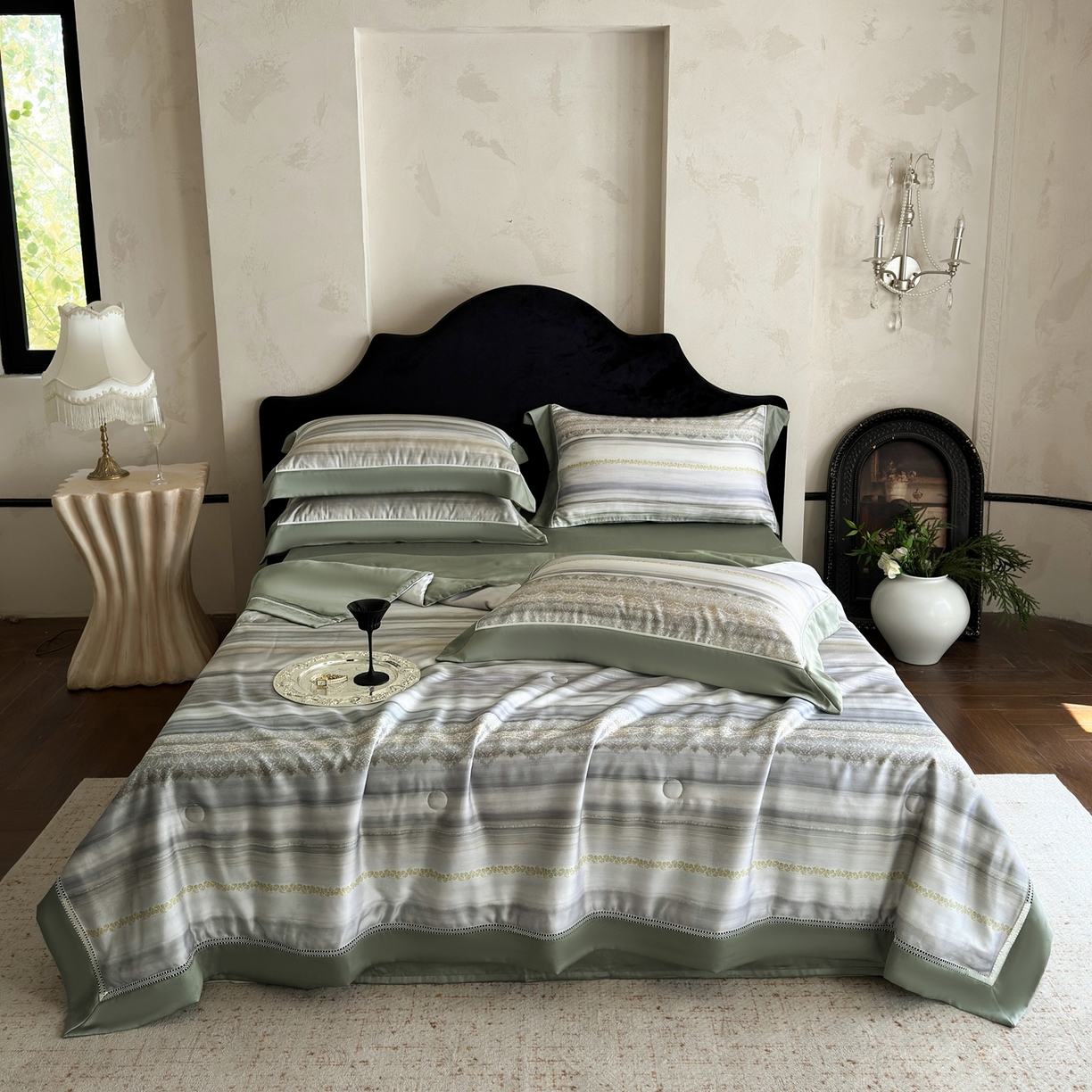 91家纺网 家纺一手货源 找家纺 娇逸家居 2026新款60s天丝数码印花夏被夏凉被空调被四件套 汀简