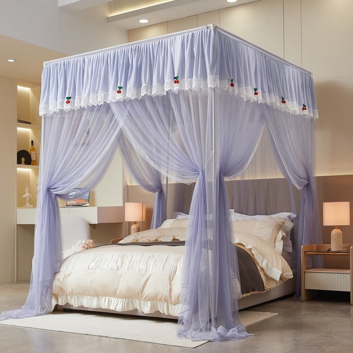 雪姿家纺 2026新款刺绣花边落地宫廷外穿杆蚊帐-落地樱桃 刺绣花边樱桃-烟岚紫灰