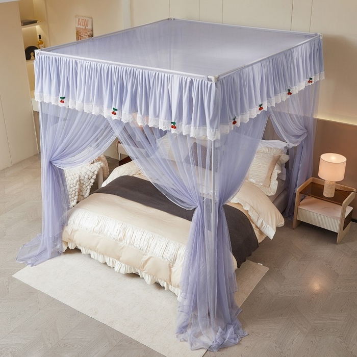 91家纺网 家纺一手货源 找家纺 雪姿家纺 2026新款刺绣花边落地宫廷外穿杆蚊帐-落地樱桃 刺绣花边樱桃-烟岚紫灰