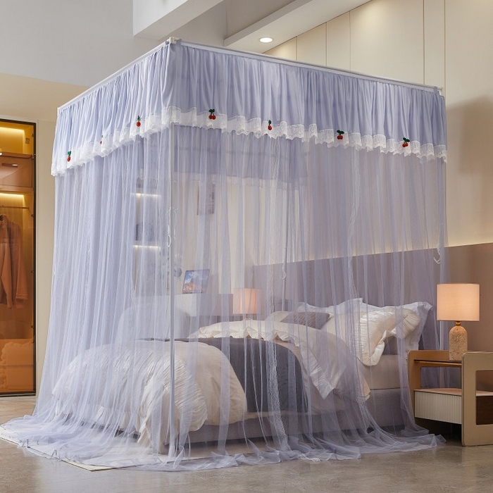 91家纺网 家纺一手货源 找家纺 雪姿家纺 2026新款刺绣花边落地宫廷外穿杆蚊帐-落地樱桃 刺绣花边樱桃-烟岚紫灰