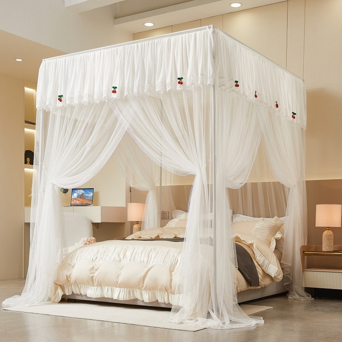 雪姿家纺 2026新款刺绣花边落地宫廷外穿杆蚊帐-落地樱桃 刺绣花边樱桃-白色