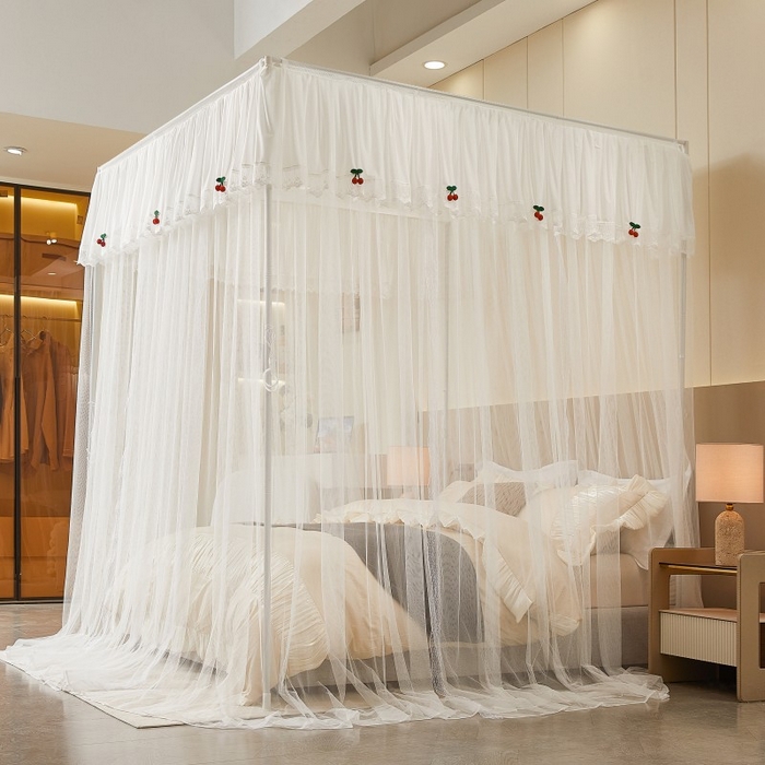 91家纺网 家纺一手货源 找家纺 雪姿家纺 2026新款刺绣花边落地宫廷外穿杆蚊帐-落地樱桃 刺绣花边樱桃-白色