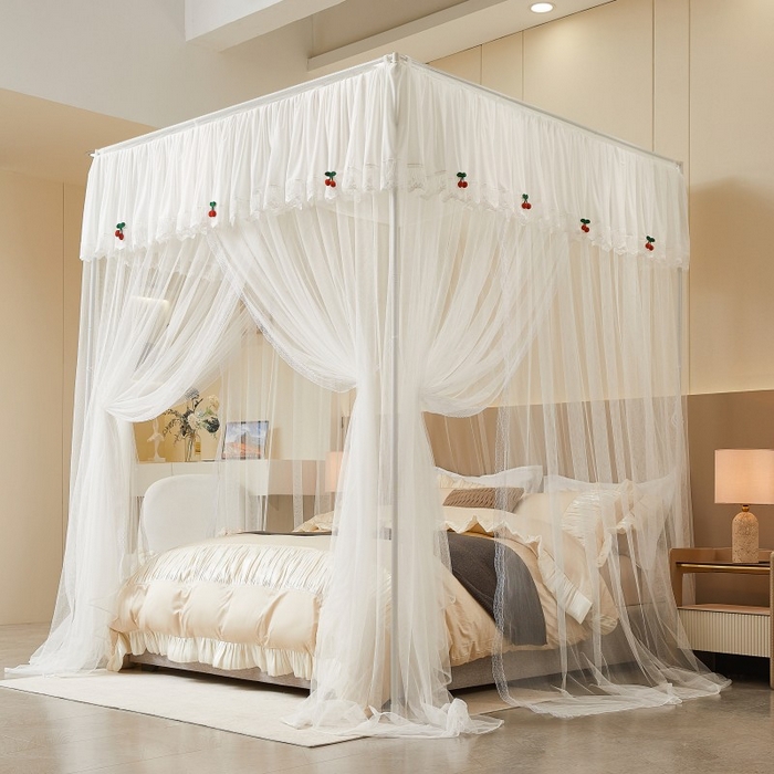 91家纺网 家纺一手货源 找家纺 雪姿家纺 2026新款刺绣花边落地宫廷外穿杆蚊帐-落地樱桃 刺绣花边樱桃-白色