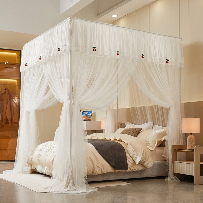 91家纺网 家纺一手货源 找家纺 雪姿家纺 2026新款刺绣花边落地宫廷外穿杆蚊帐-落地樱桃 刺绣花边樱桃-白色