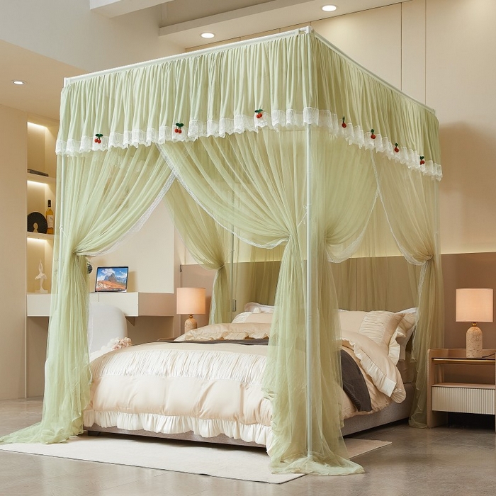 雪姿家纺 2026新款刺绣花边落地宫廷外穿杆蚊帐-落地樱桃 刺绣花边樱桃-清爽茶绿