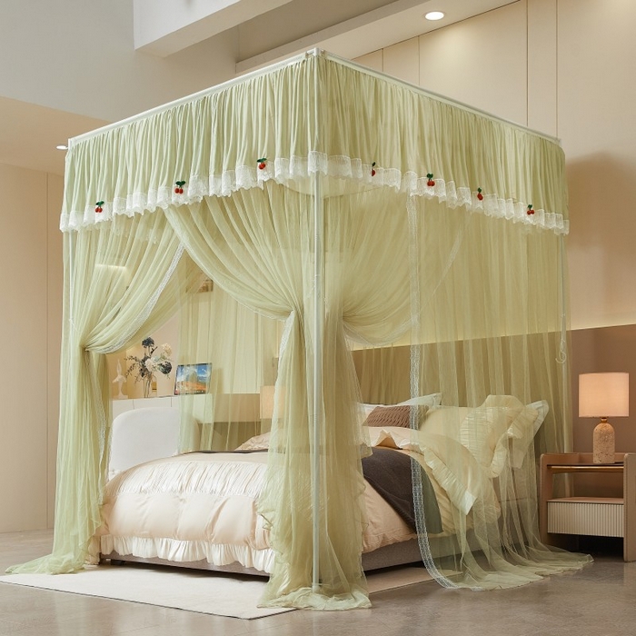 91家纺网 家纺一手货源 找家纺 雪姿家纺 2026新款刺绣花边落地宫廷外穿杆蚊帐-落地樱桃 刺绣花边樱桃-清爽茶绿