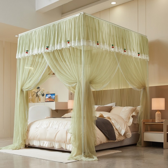 91家纺网 家纺一手货源 找家纺 雪姿家纺 2026新款刺绣花边落地宫廷外穿杆蚊帐-落地樱桃 刺绣花边樱桃-清爽茶绿