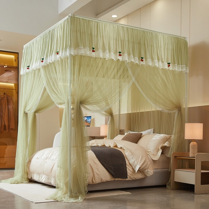 91家纺网 家纺一手货源 找家纺 雪姿家纺 2026新款刺绣花边落地宫廷外穿杆蚊帐-落地樱桃 刺绣花边樱桃-清爽茶绿