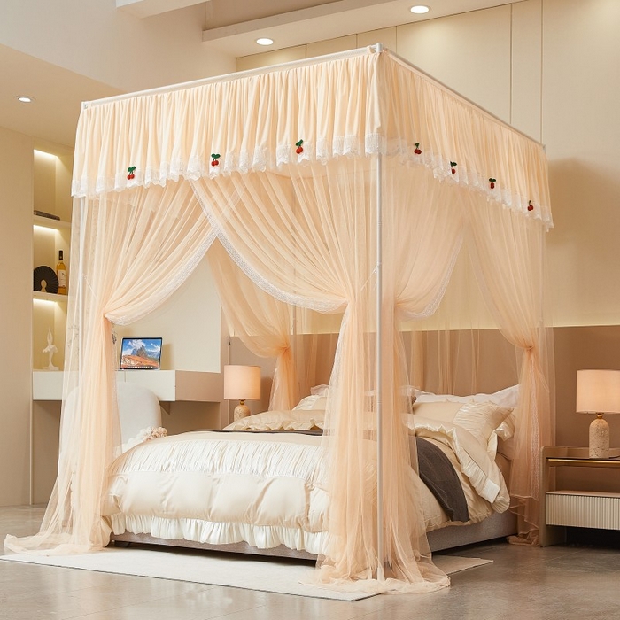 雪姿家纺 2026新款刺绣花边落地宫廷外穿杆蚊帐-落地樱桃 刺绣花边樱桃-温柔杏色