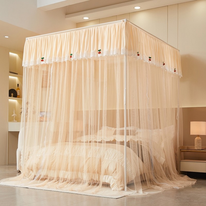 91家纺网 家纺一手货源 找家纺 雪姿家纺 2026新款刺绣花边落地宫廷外穿杆蚊帐-落地樱桃 刺绣花边樱桃-温柔杏色