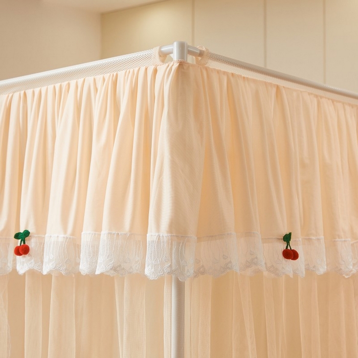 91家纺网 家纺一手货源 找家纺 雪姿家纺 2026新款刺绣花边落地宫廷外穿杆蚊帐-落地樱桃 刺绣花边樱桃-温柔杏色