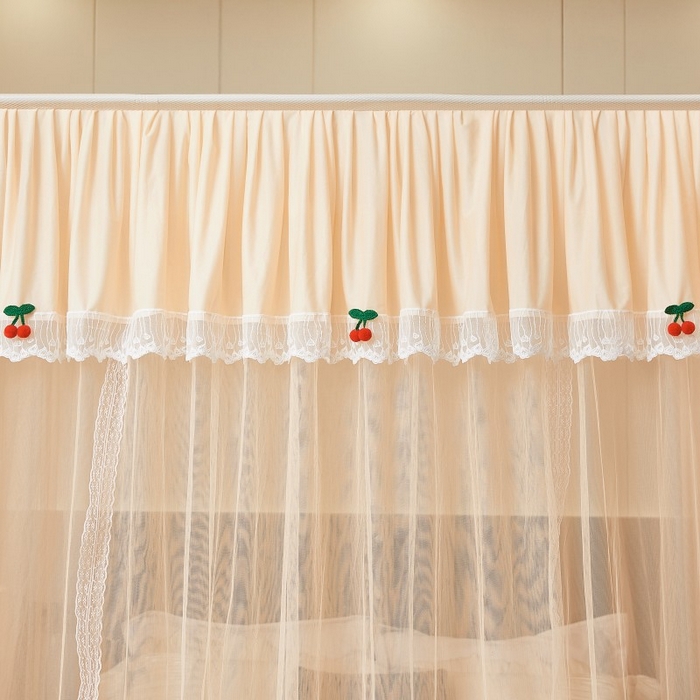 91家纺网 家纺一手货源 找家纺 雪姿家纺 2026新款刺绣花边落地宫廷外穿杆蚊帐-落地樱桃 刺绣花边樱桃-温柔杏色