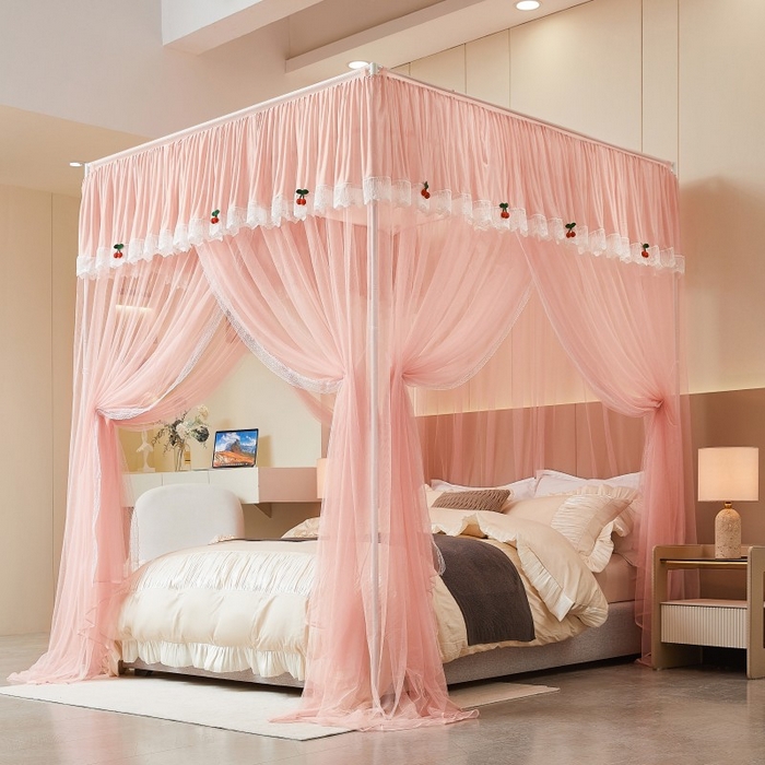 91家纺网 家纺一手货源 找家纺 雪姿家纺 2026新款刺绣花边落地宫廷外穿杆蚊帐-落地樱桃 刺绣花边樱桃-温馨粉玉