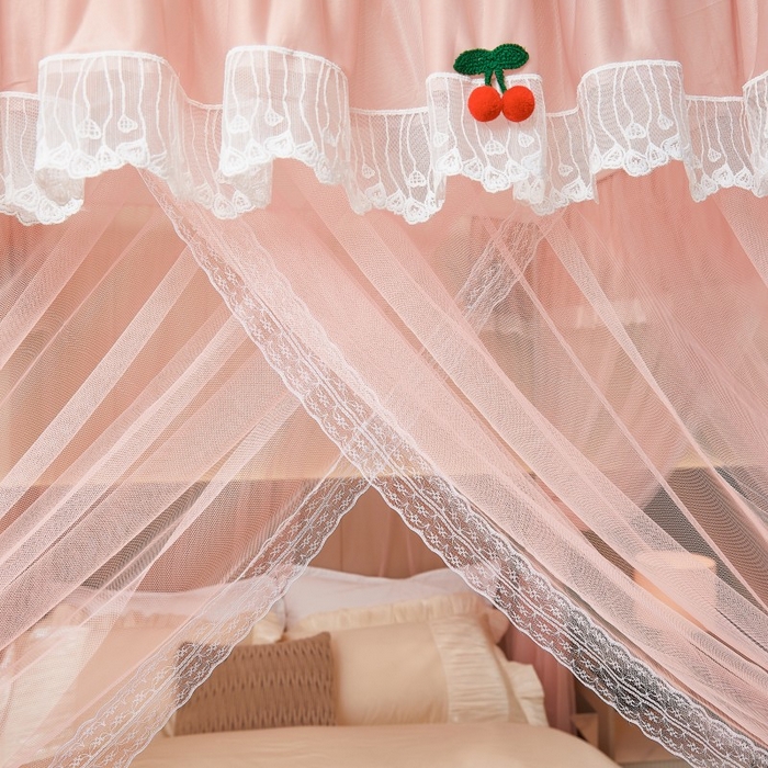 91家纺网 家纺一手货源 找家纺 雪姿家纺 2026新款刺绣花边落地宫廷外穿杆蚊帐-落地樱桃 刺绣花边樱桃-温馨粉玉
