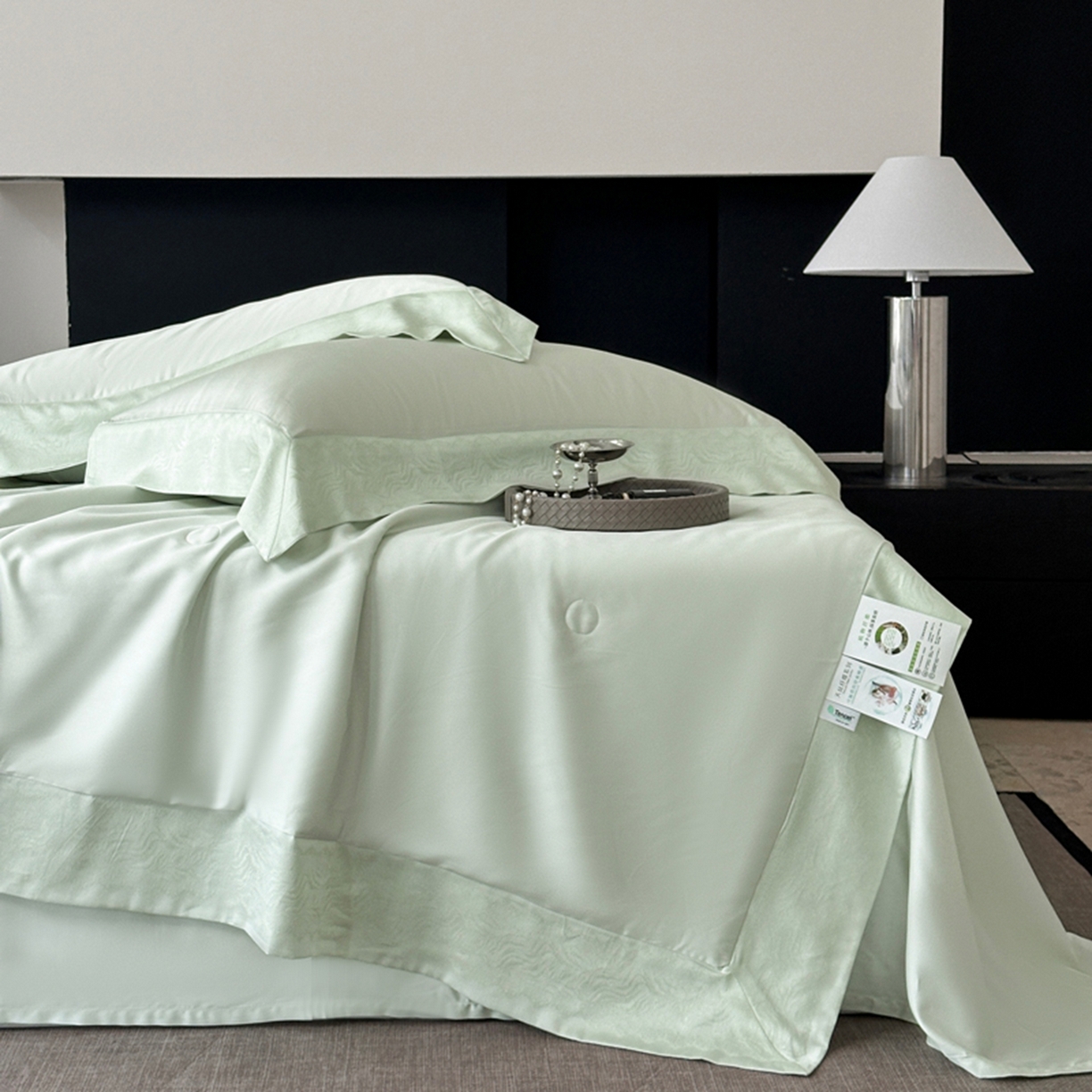91家纺网 家纺一手货源 找家纺 娇逸家居 2026新款60天丝素色金丝提花拼边款夏被夏凉被空调被四件套-芙莉 夏绿
