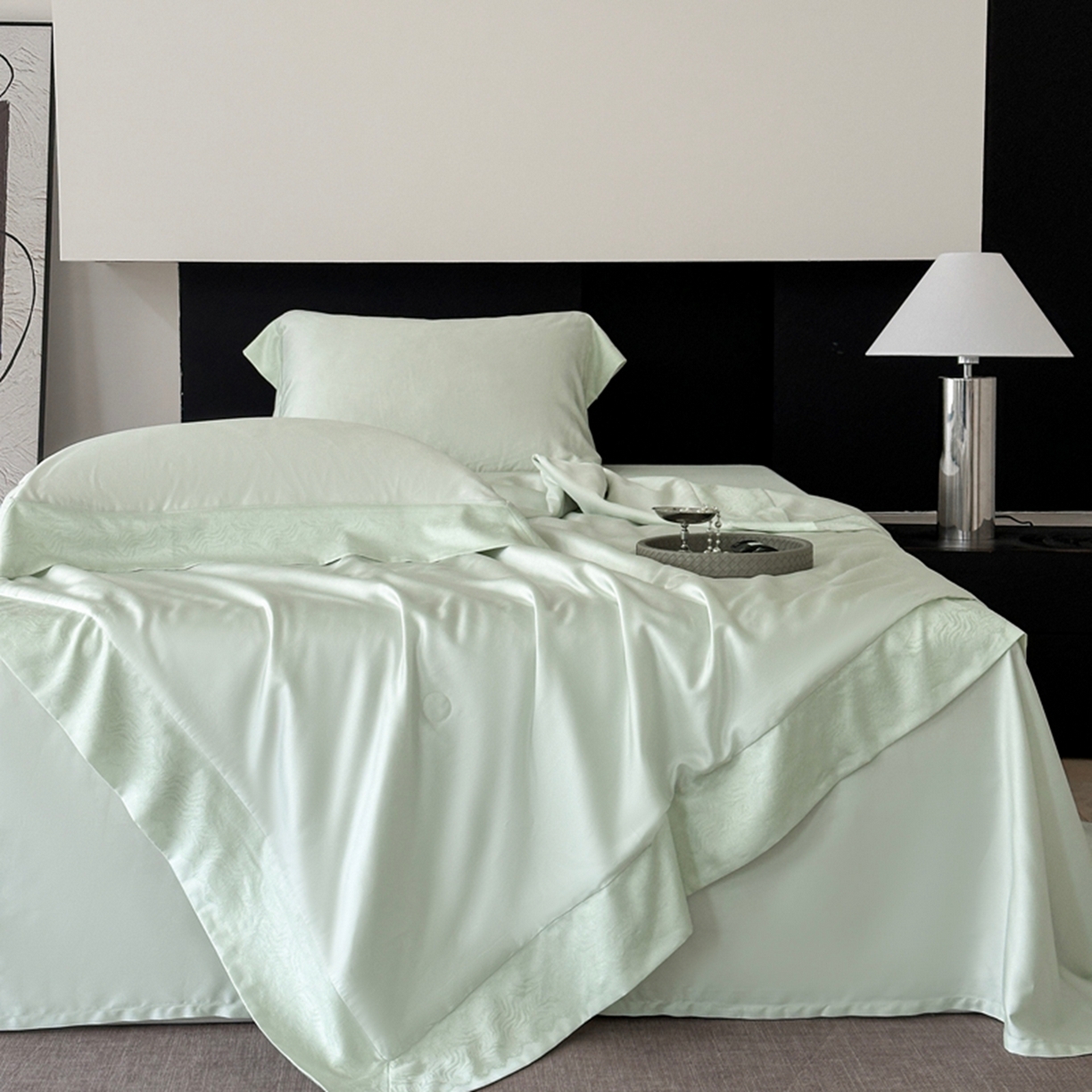 91家纺网 家纺一手货源 找家纺 娇逸家居 2026新款60天丝素色金丝提花拼边款夏被夏凉被空调被四件套-芙莉 夏绿