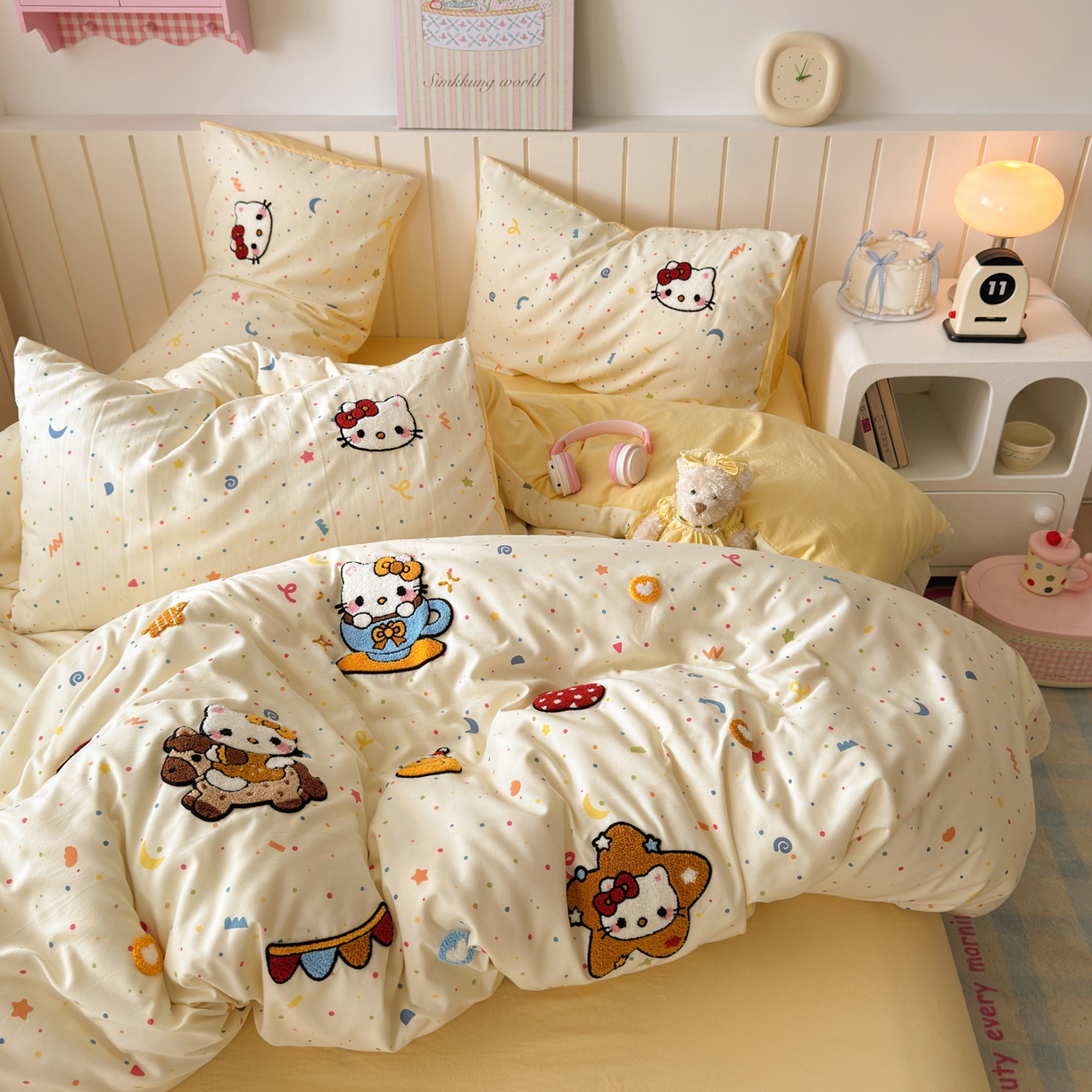 91家纺网 家纺一手货源 找家纺 欣宜家纺 2026新款云朵棉毛巾绣床上四件套卡通被套床单学生宿舍三件套 木马猫