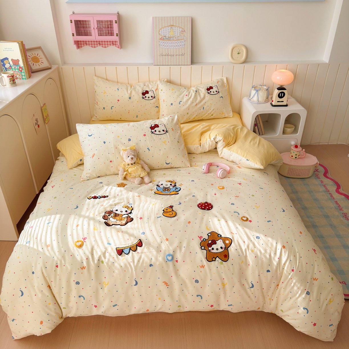 欣宜家纺 2026新款云朵棉毛巾绣床上四件套卡通被套床单学生宿舍三件套 木马猫