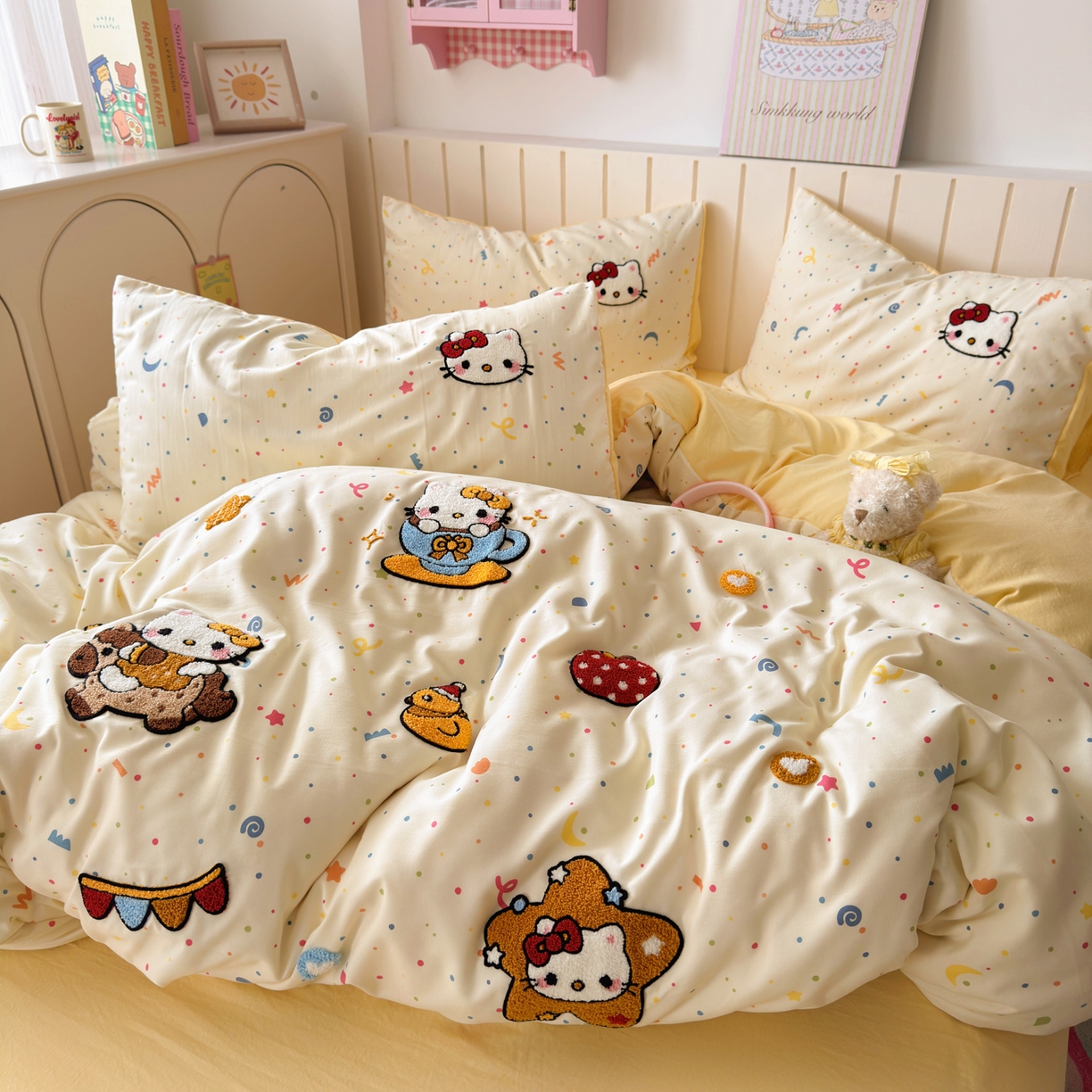 91家纺网 家纺一手货源 找家纺 欣宜家纺 2026新款云朵棉毛巾绣床上四件套卡通被套床单学生宿舍三件套 木马猫