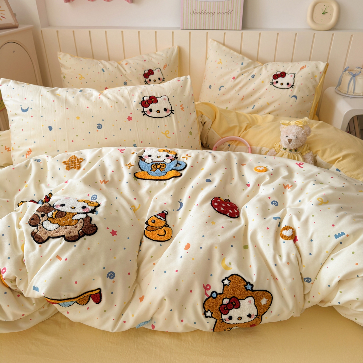 91家纺网 家纺一手货源 找家纺 欣宜家纺 2026新款云朵棉毛巾绣床上四件套卡通被套床单学生宿舍三件套 木马猫