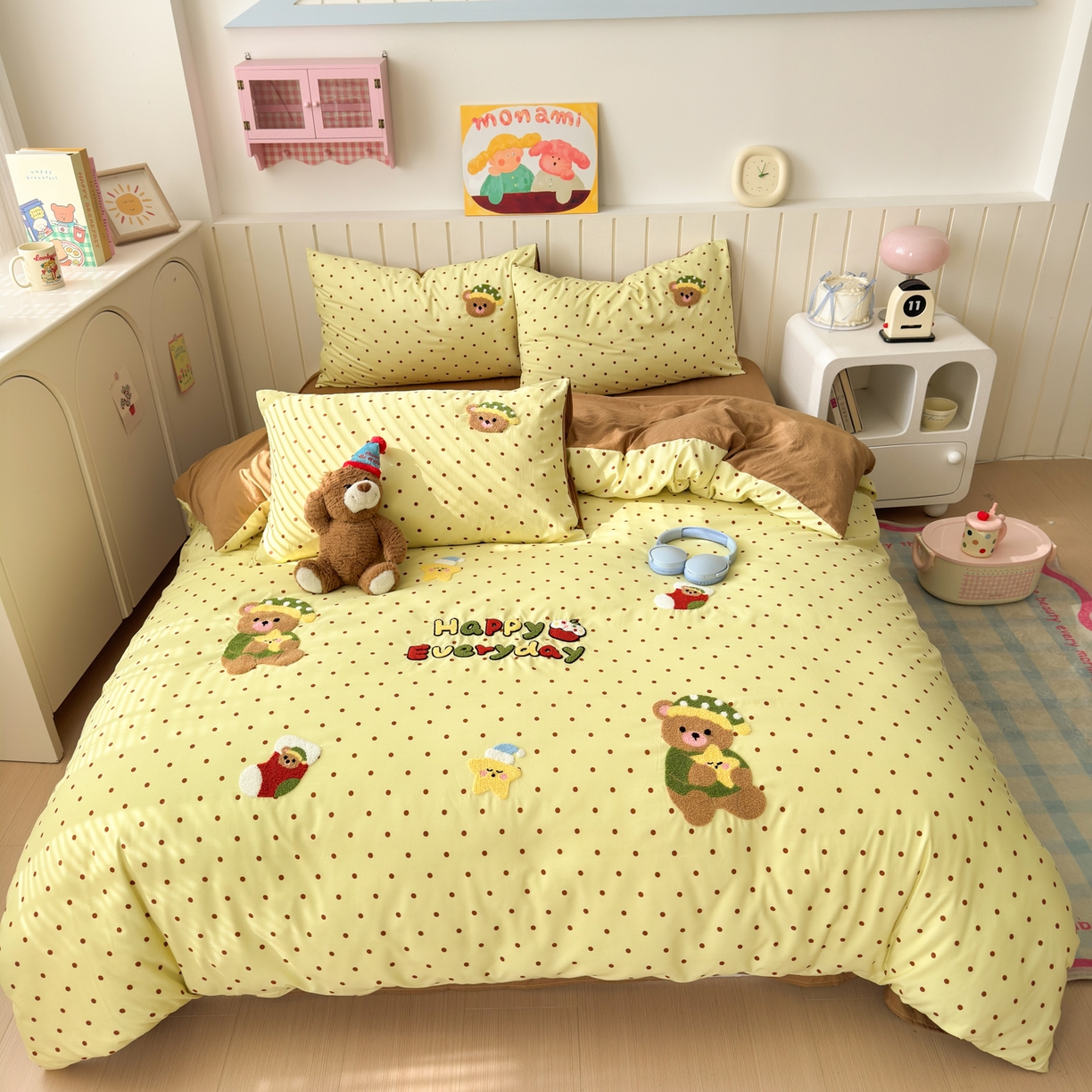 欣宜家纺 2026新款云朵棉毛巾绣床上四件套卡通被套床单学生宿舍三件套 星星熊